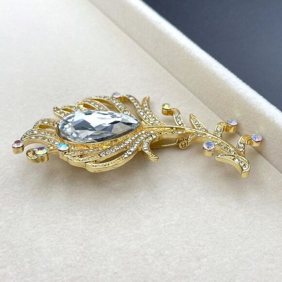 Yellow Gold with Diamond and AB Crystal Single Peacock Feather Pin Back Brooch - Picture 5 of 9